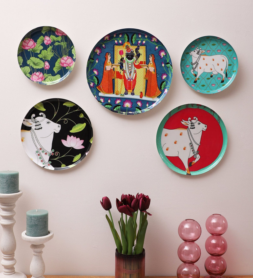 Set of 5 - Round Metal & Meena Wall Plates La Vie Bien Set of 5 - Round Metal & Meena Wall Plates