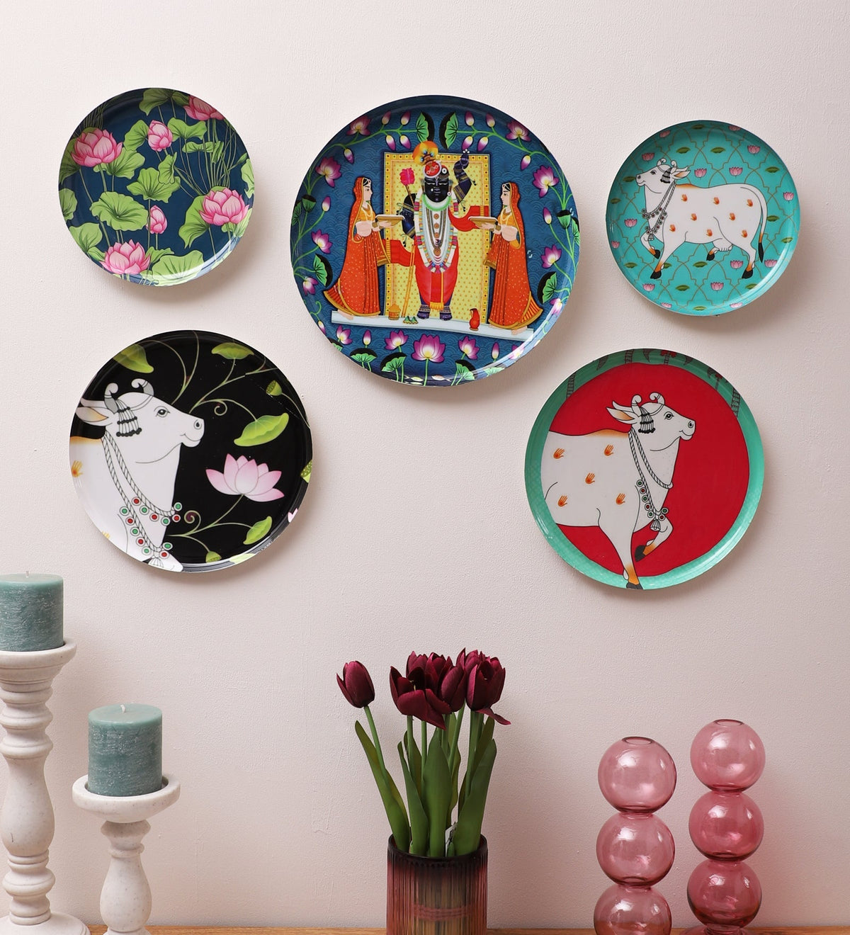 Set of 5 - Round Metal & Meena Wall Plates La Vie Bien Set of 5 - Round Metal & Meena Wall Plates