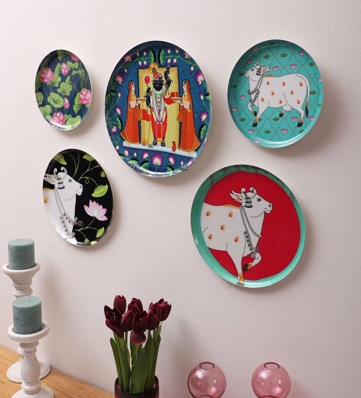 Set of 5 - Round Metal & Meena Wall Plates La Vie Bien Set of 5 - Round Metal & Meena Wall Plates