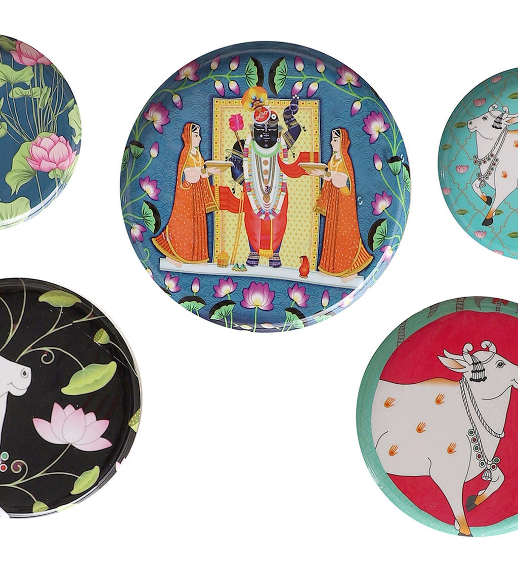 Set of 5 - Round Metal & Meena Wall Plates La Vie Bien Set of 5 - Round Metal & Meena Wall Plates