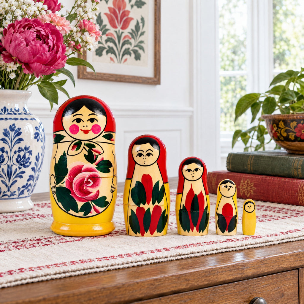 Set of 5 Semenov Style Red Scarf Matryoshka Wooden Nesting Dolls Nesting Dolls > Traditional La Vie Bien Set of 5 Semenov Style Red Scarf Matryoshka Wooden Nesting Dolls
