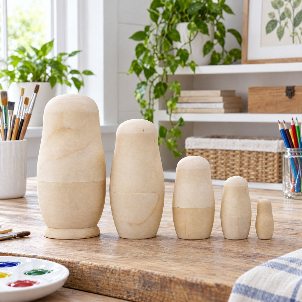 Set of 5 Unfinished Wooden Nesting Dolls DIY Craft Blanks for Painting 6 Inches Nesting Dolls > Unfinished La Vie Bien Set of 5 Unfinished Wooden Nesting Dolls DIY Craft Blanks for Painting 6 Inches
