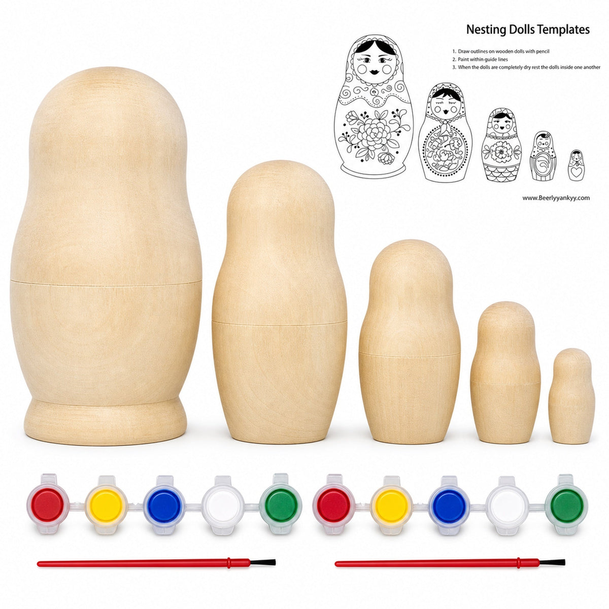 Set of 5 Unfinished Wooden Nesting Dolls with Paints DIY Craft Blanks for Painting 5.75 Inches Nesting Dolls > Unfinished La Vie Bien Set of 5 Unfinished Wooden Nesting Dolls with Paints DIY Craft Blanks for Painting 5.75 Inches