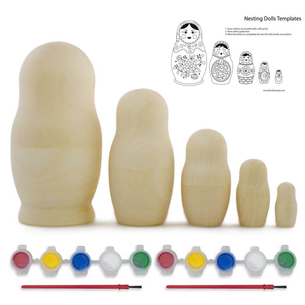 Set of 5 Unfinished Wooden Nesting Dolls with Paints DIY Craft Blanks for Painting 5.75 Inches Nesting Dolls > Unfinished La Vie Bien Set of 5 Unfinished Wooden Nesting Dolls with Paints DIY Craft Blanks for Painting 5.75 Inches