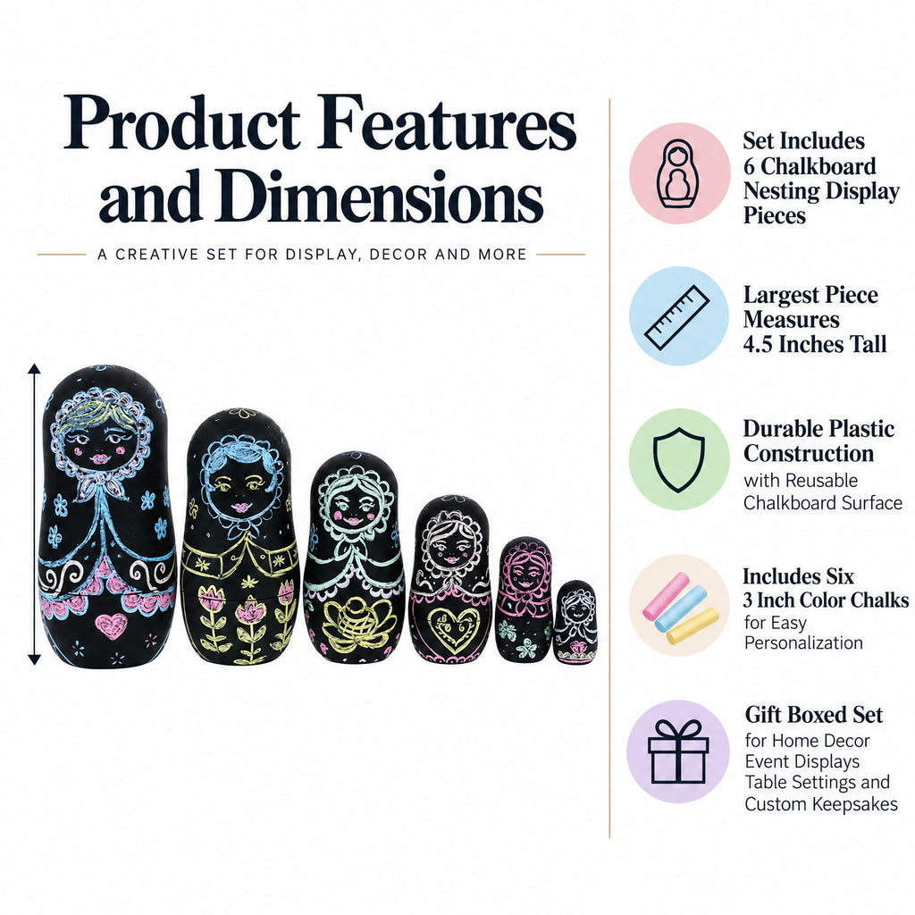 Set of 6 Chalkboard Plastic Nesting Dolls with Color Chalks Reusable DIY Drawing Matryoshka Craft Kit Nesting Dolls > Unfinished La Vie Bien Set of 6 Chalkboard Plastic Nesting Dolls with Color Chalks Reusable DIY Drawing Matryoshka Craft Kit