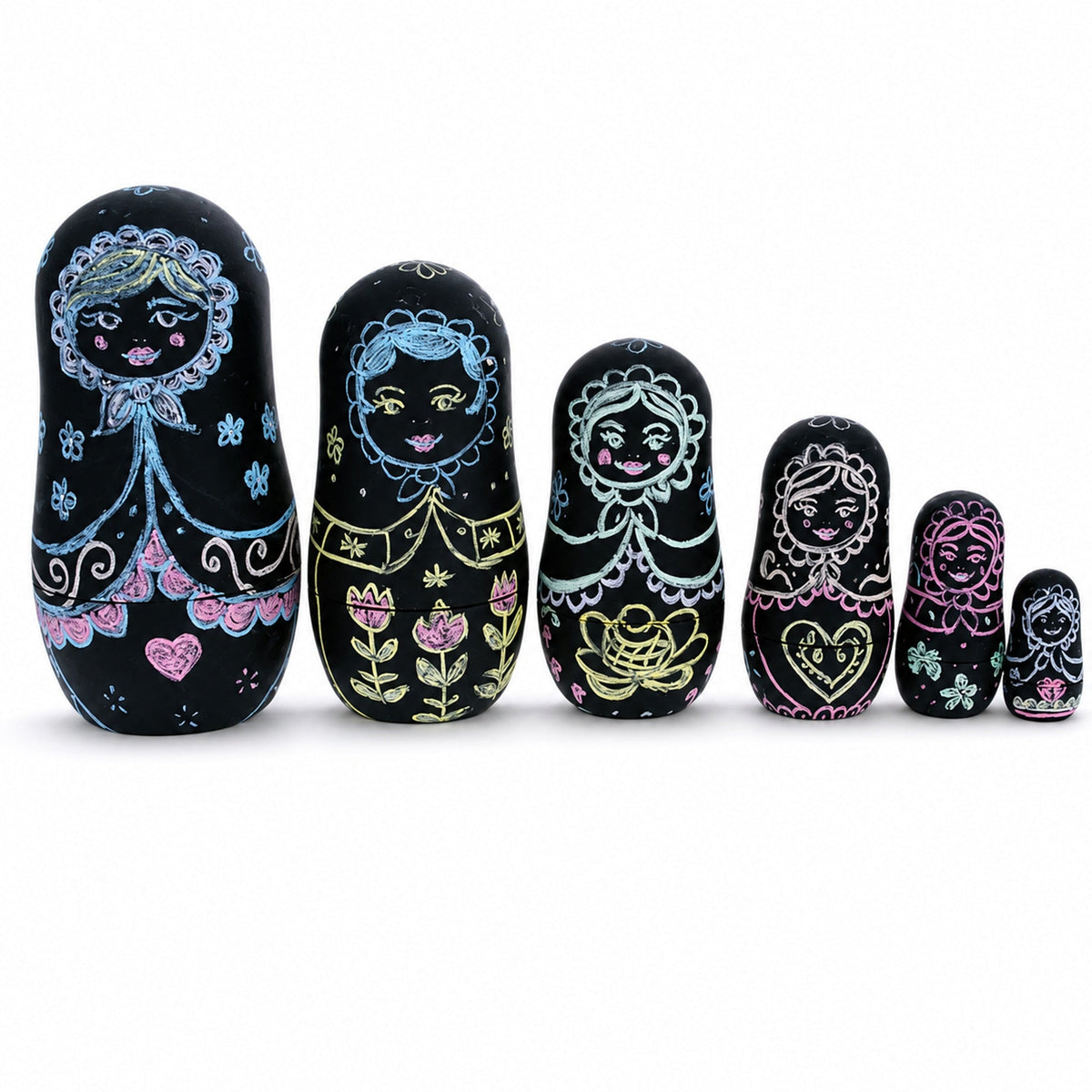 Set of 6 Chalkboard Plastic Nesting Dolls with Color Chalks Reusable DIY Drawing Matryoshka Craft Kit Nesting Dolls > Unfinished La Vie Bien Set of 6 Chalkboard Plastic Nesting Dolls with Color Chalks Reusable DIY Drawing Matryoshka Craft Kit