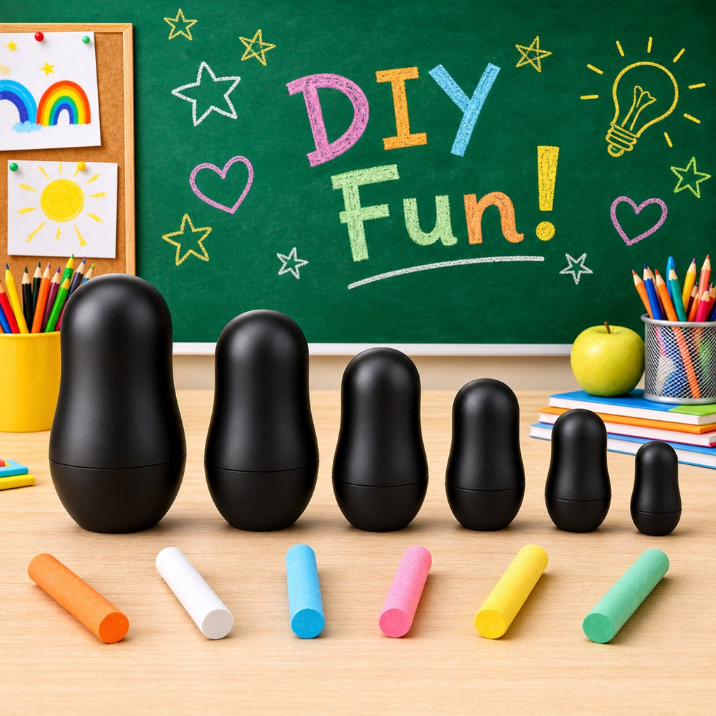 Set of 6 Chalkboard Plastic Nesting Dolls with Color Chalks Reusable DIY Drawing Matryoshka Craft Kit Nesting Dolls > Unfinished La Vie Bien Set of 6 Chalkboard Plastic Nesting Dolls with Color Chalks Reusable DIY Drawing Matryoshka Craft Kit