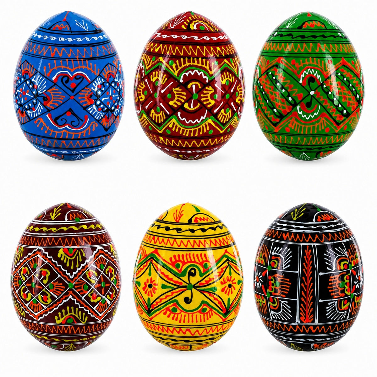 Set of 6 Geometric Pysanky Ukrainian Wooden Easter Eggs 2.5 Inches Easter Eggs > Wooden Pysanky Sets La Vie Bien Set of 6 Geometric Pysanky Ukrainian Wooden Easter Eggs 2.5 Inches