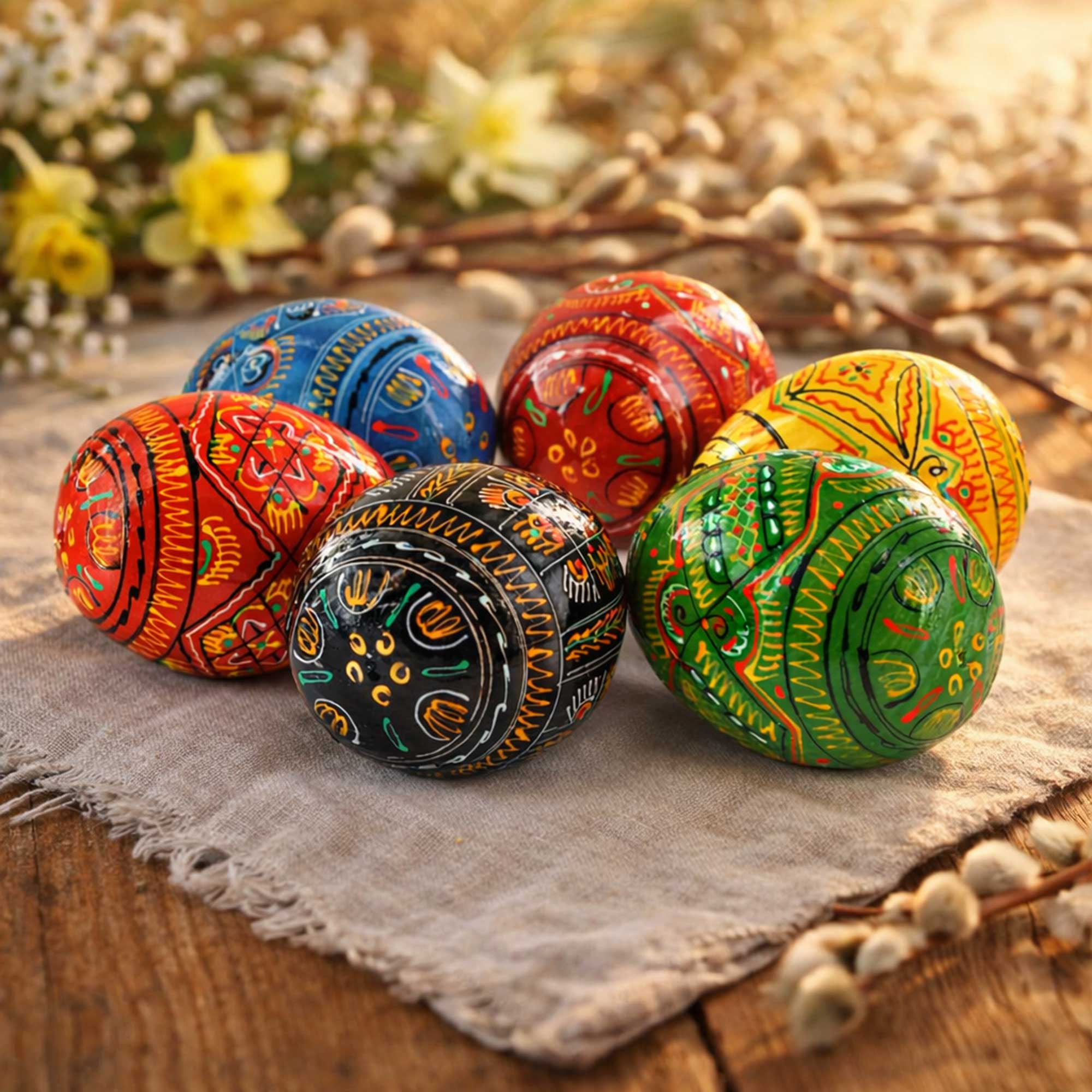 Set of 6 Geometric Pysanky Ukrainian Wooden Easter Eggs 2.5 Inches Easter Eggs > Wooden Pysanky Sets La Vie Bien Set of 6 Geometric Pysanky Ukrainian Wooden Easter Eggs 2.5 Inches