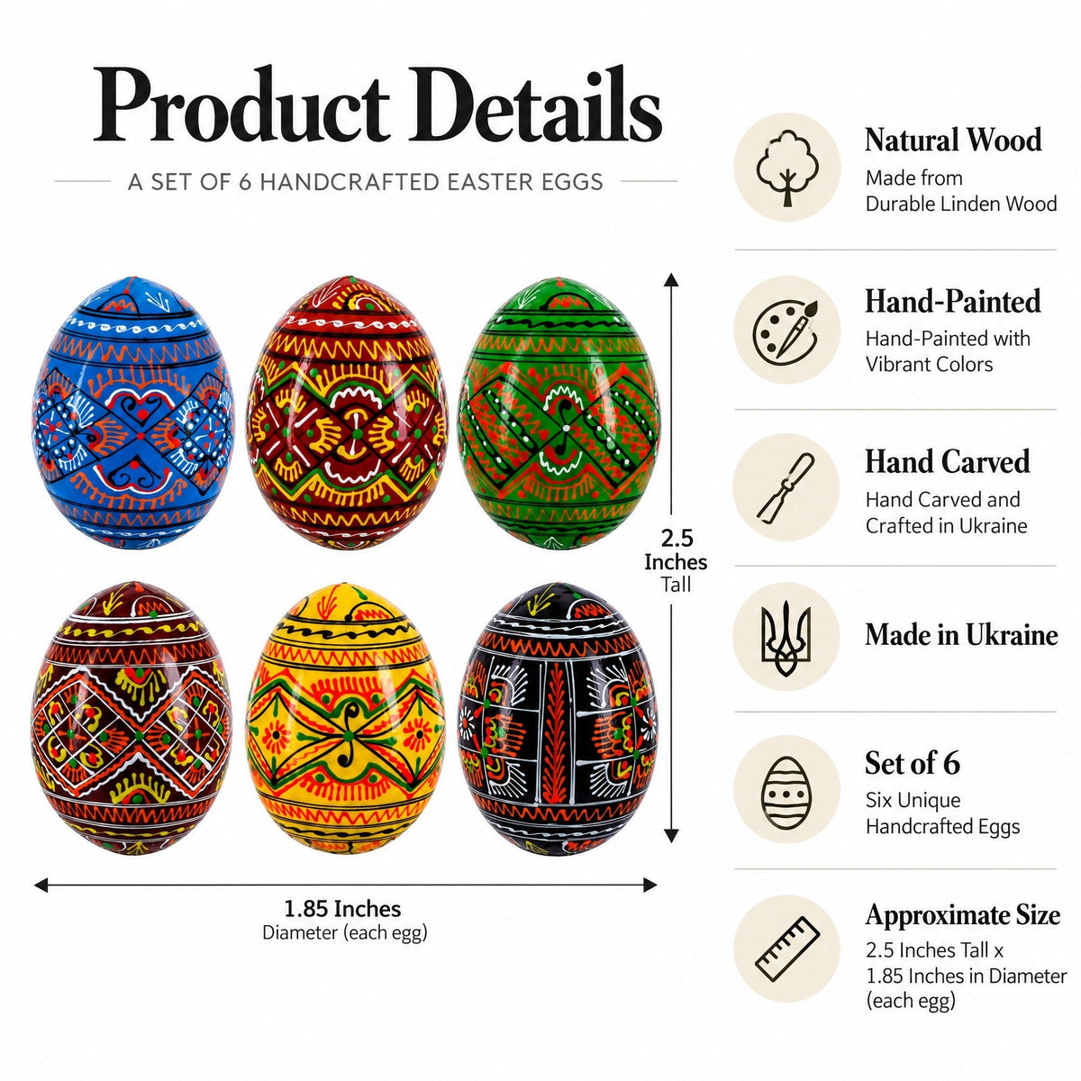 Set of 6 Geometric Pysanky Ukrainian Wooden Easter Eggs 2.5 Inches Easter Eggs > Wooden Pysanky Sets La Vie Bien Set of 6 Geometric Pysanky Ukrainian Wooden Easter Eggs 2.5 Inches