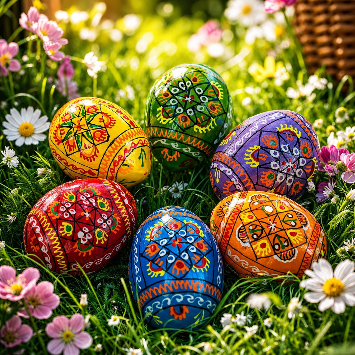 Set of 6 Pearlized Ukrainian Pysanky Wooden Easter Eggs 2.5 Inches Easter Eggs > Wooden Pysanky Sets La Vie Bien Set of 6 Pearlized Ukrainian Pysanky Wooden Easter Eggs 2.5 Inches
