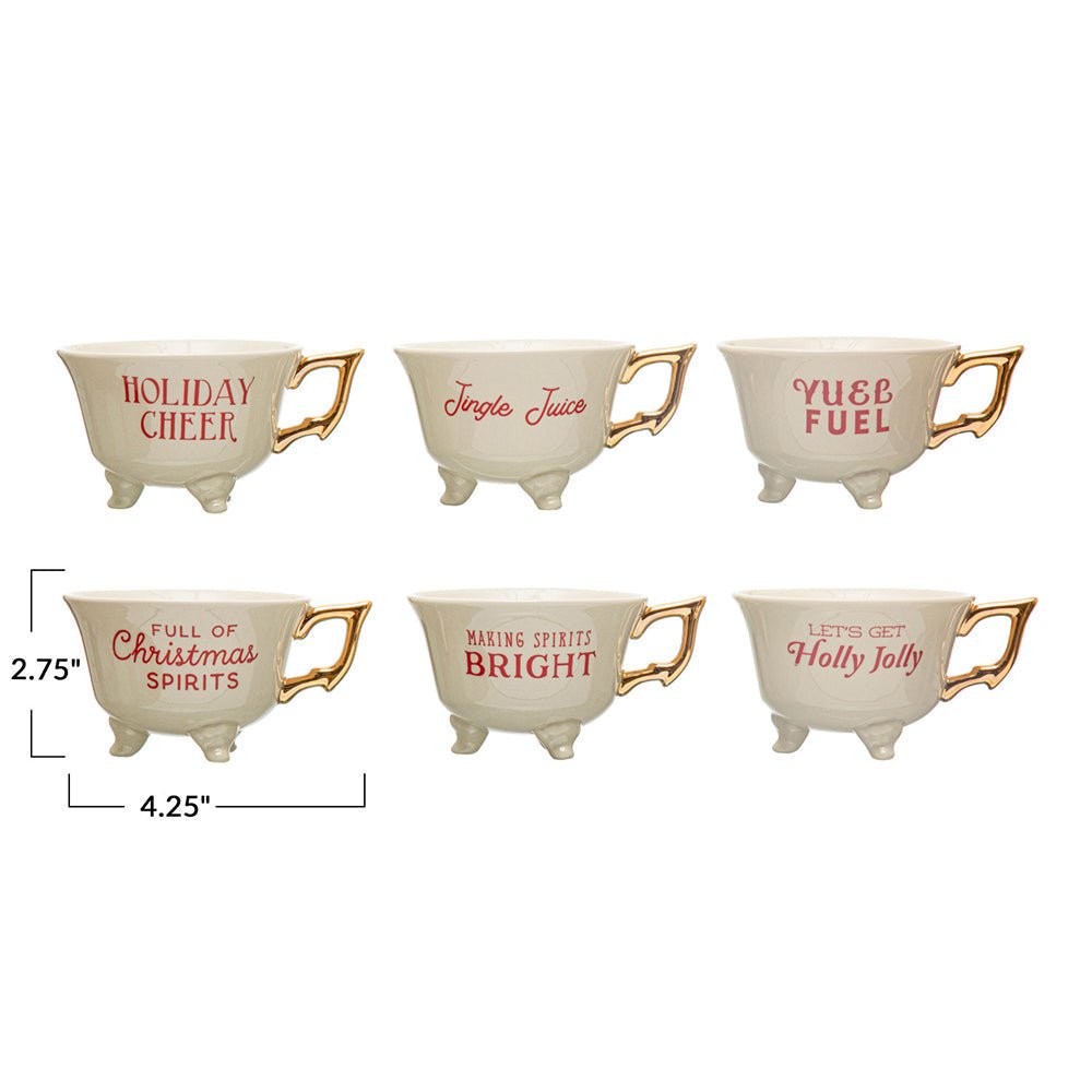 Set of 6 Sassy Holiday Footed Teacups w/ Gold Electroplating Christmas La Vie Bien Set of 6 Sassy Holiday Footed Teacups w/ Gold Electroplating