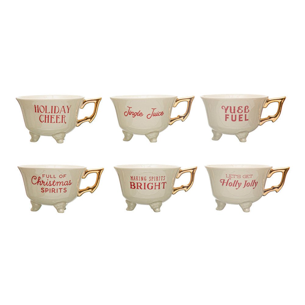 Set of 6 Sassy Holiday Footed Teacups w/ Gold Electroplating Christmas La Vie Bien Set of 6 Sassy Holiday Footed Teacups w/ Gold Electroplating
