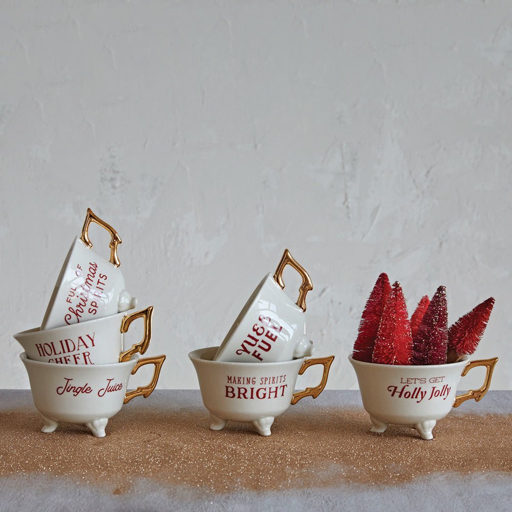 Set of 6 Sassy Holiday Footed Teacups w/ Gold Electroplating Christmas La Vie Bien Set of 6 Sassy Holiday Footed Teacups w/ Gold Electroplating