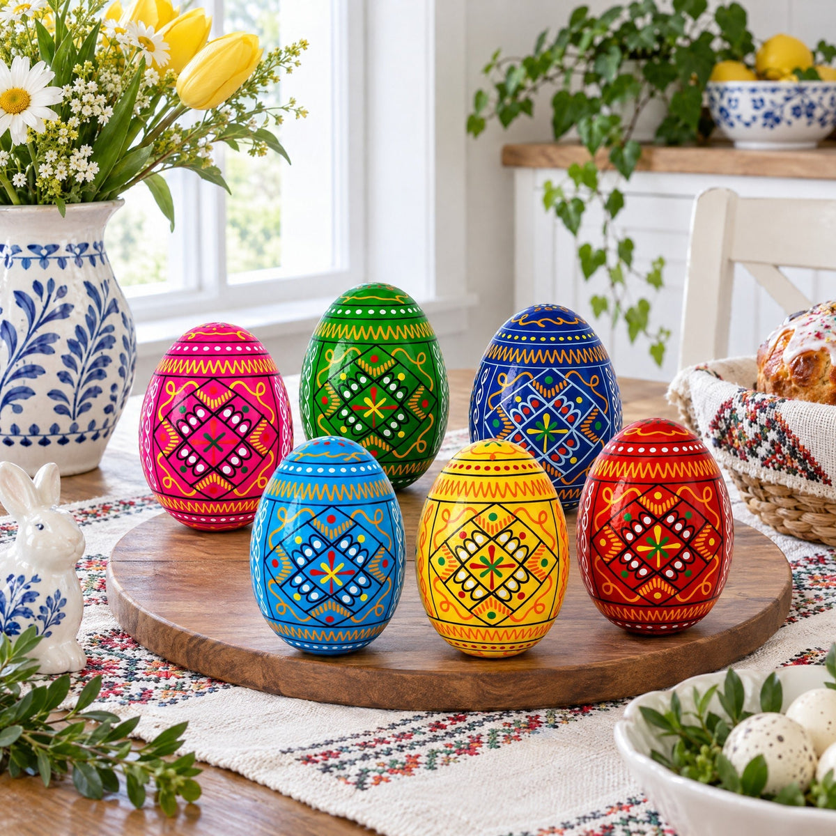 Set of 6 Ukrainian Geometric Wooden Easter Eggs 2.5 Inches Easter Eggs > Wooden Pysanky Sets La Vie Bien Set of 6 Ukrainian Geometric Wooden Easter Eggs 2.5 Inches