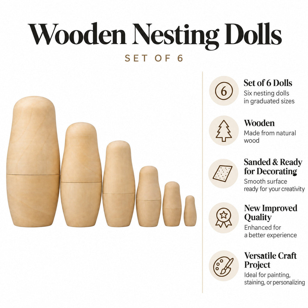 Set of 6 Unfinished Wooden Nesting Dolls DIY Craft Blanks for Painting 6.5 Inches Nesting Dolls > Unfinished La Vie Bien Set of 6 Unfinished Wooden Nesting Dolls DIY Craft Blanks for Painting 6.5 Inches