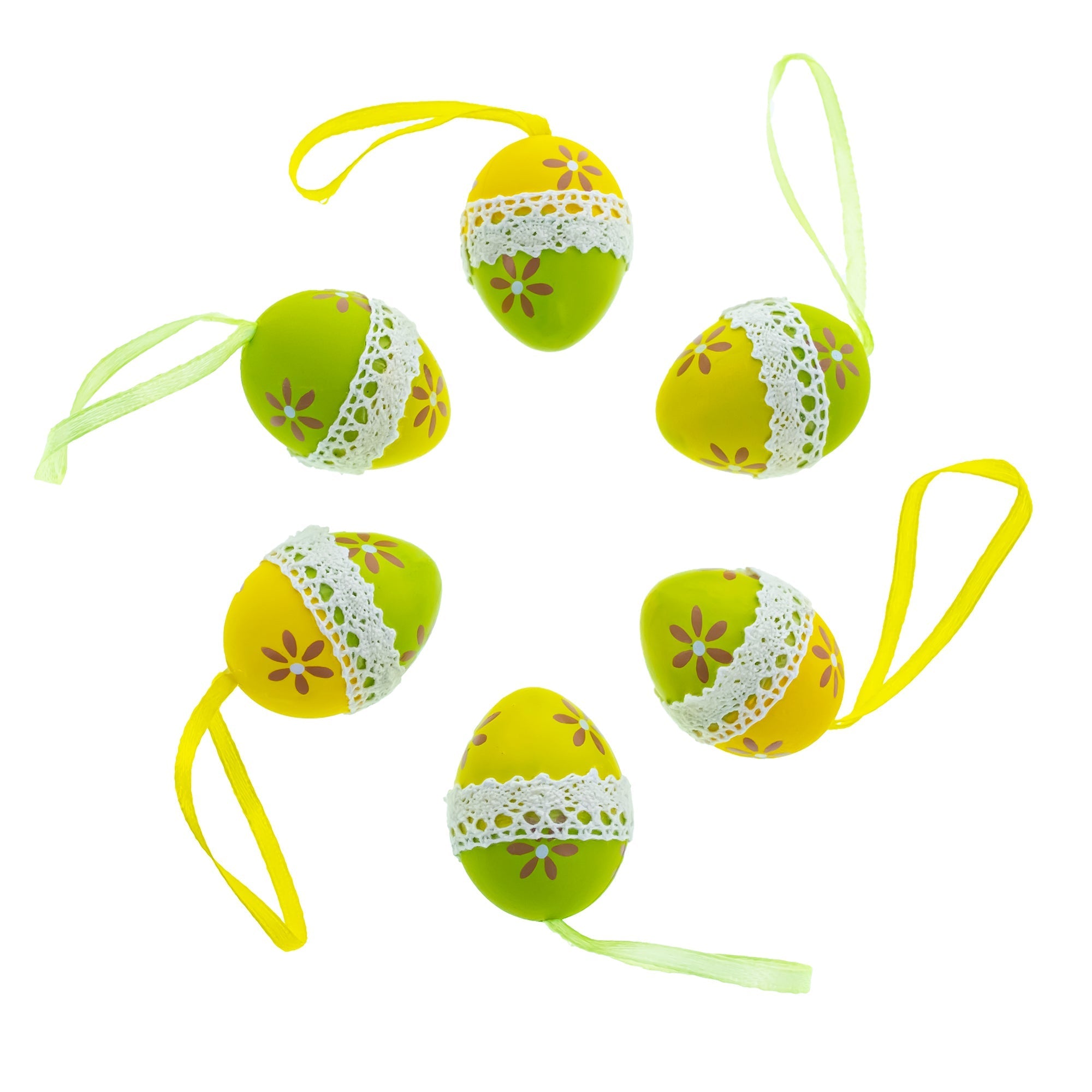 Set of 6 Yellow Green Lace-Trimmed Hanging Floral Easter Egg Ornaments Easter Eggs > Ornaments La Vie Bien Set of 6 Yellow Green Lace-Trimmed Hanging Floral Easter Egg Ornaments