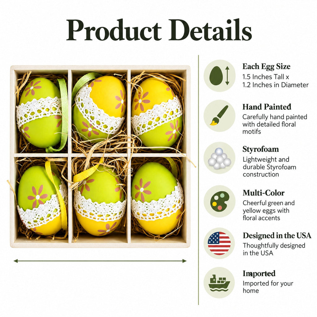 Set of 6 Yellow Green Lace-Trimmed Hanging Floral Easter Egg Ornaments Easter Eggs > Ornaments La Vie Bien Set of 6 Yellow Green Lace-Trimmed Hanging Floral Easter Egg Ornaments