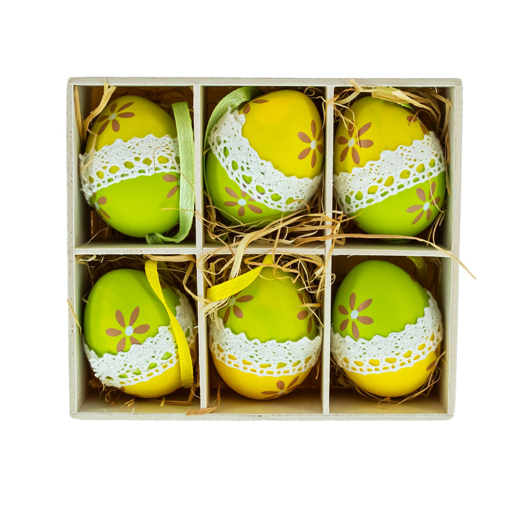Set of 6 Yellow Green Lace-Trimmed Hanging Floral Easter Egg Ornaments Easter Eggs > Ornaments La Vie Bien Set of 6 Yellow Green Lace-Trimmed Hanging Floral Easter Egg Ornaments
