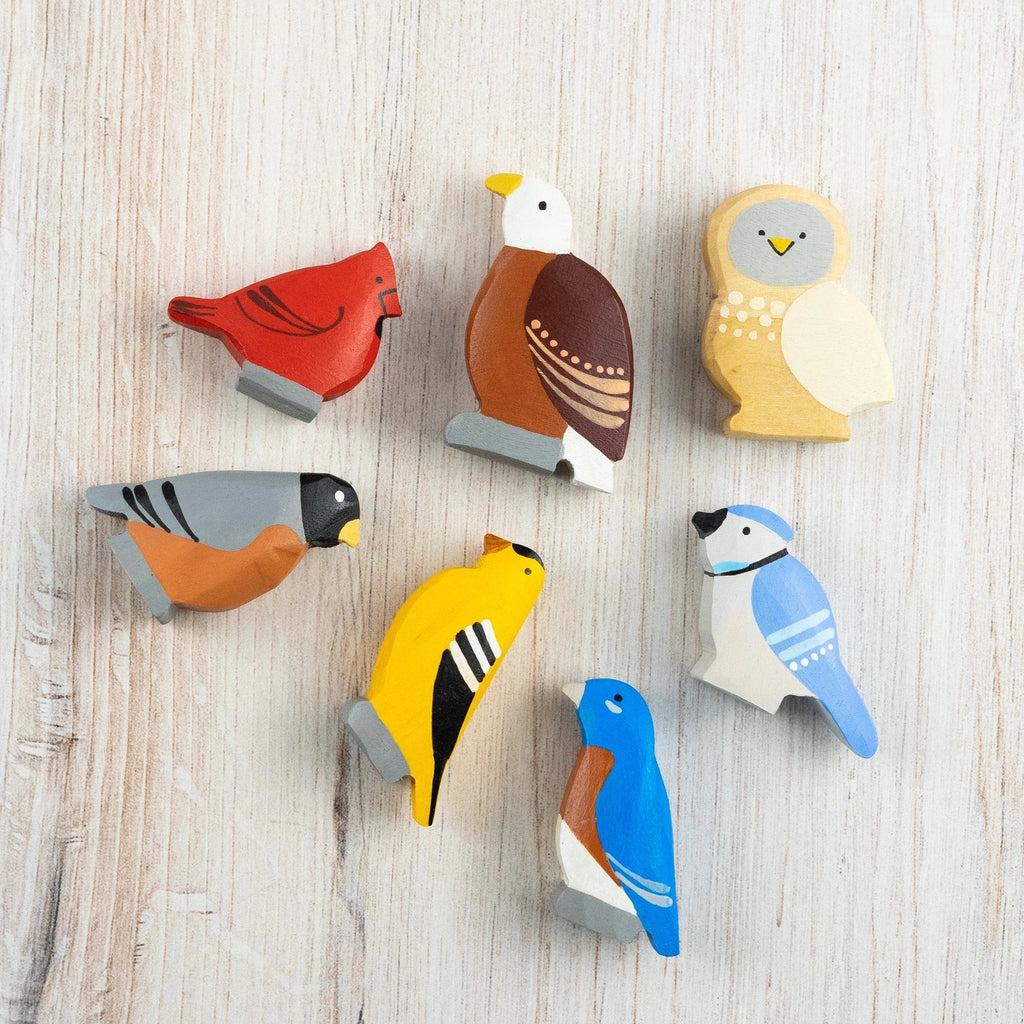 Set of 7 Wooden Bird Figurines by PoppyBabyCo