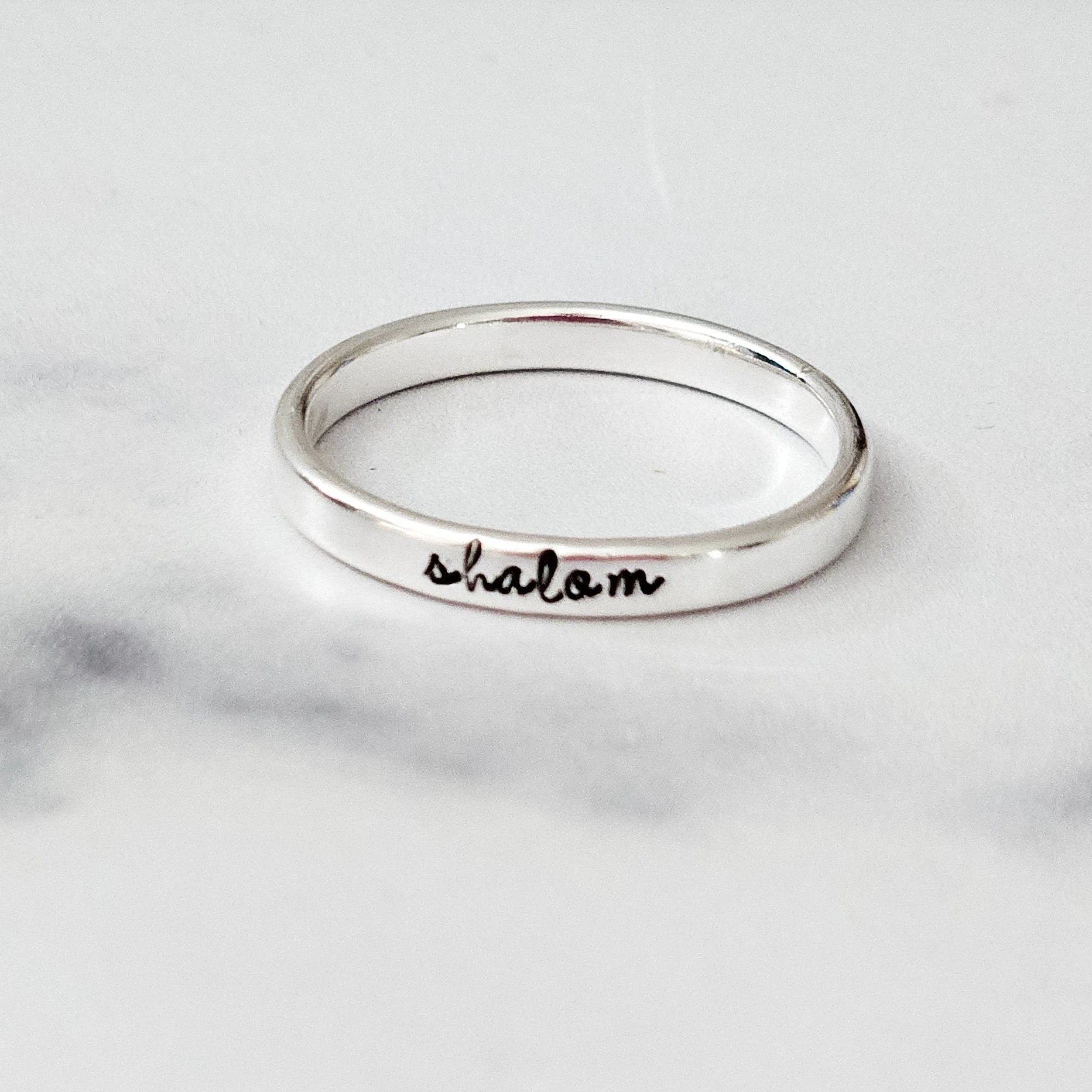 Shalom Sterling Silver Band Ring In English or Hebrew by Salt Sparkle Shalom