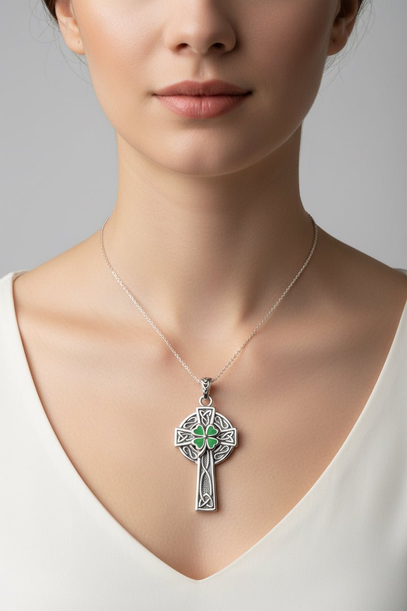 Shamrock Fields Irish Celtic Cross Necklace in Sterling Silver Pendant La Vie Bien Shamrock Fields Irish Celtic Cross Necklace in Sterling Silver