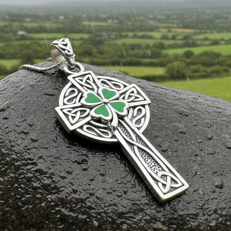 Shamrock Fields Irish Celtic Cross Necklace in Sterling Silver Pendant La Vie Bien Shamrock Fields Irish Celtic Cross Necklace in Sterling Silver