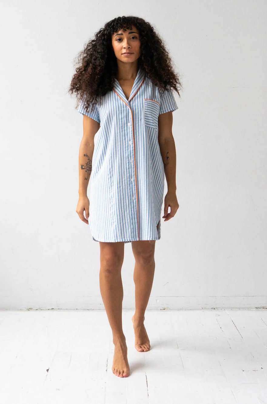 Shawl Collar Striped Boyfriend Shirt NIGHTSHIRTS La Vie Bien Shawl Collar Striped Boyfriend Shirt