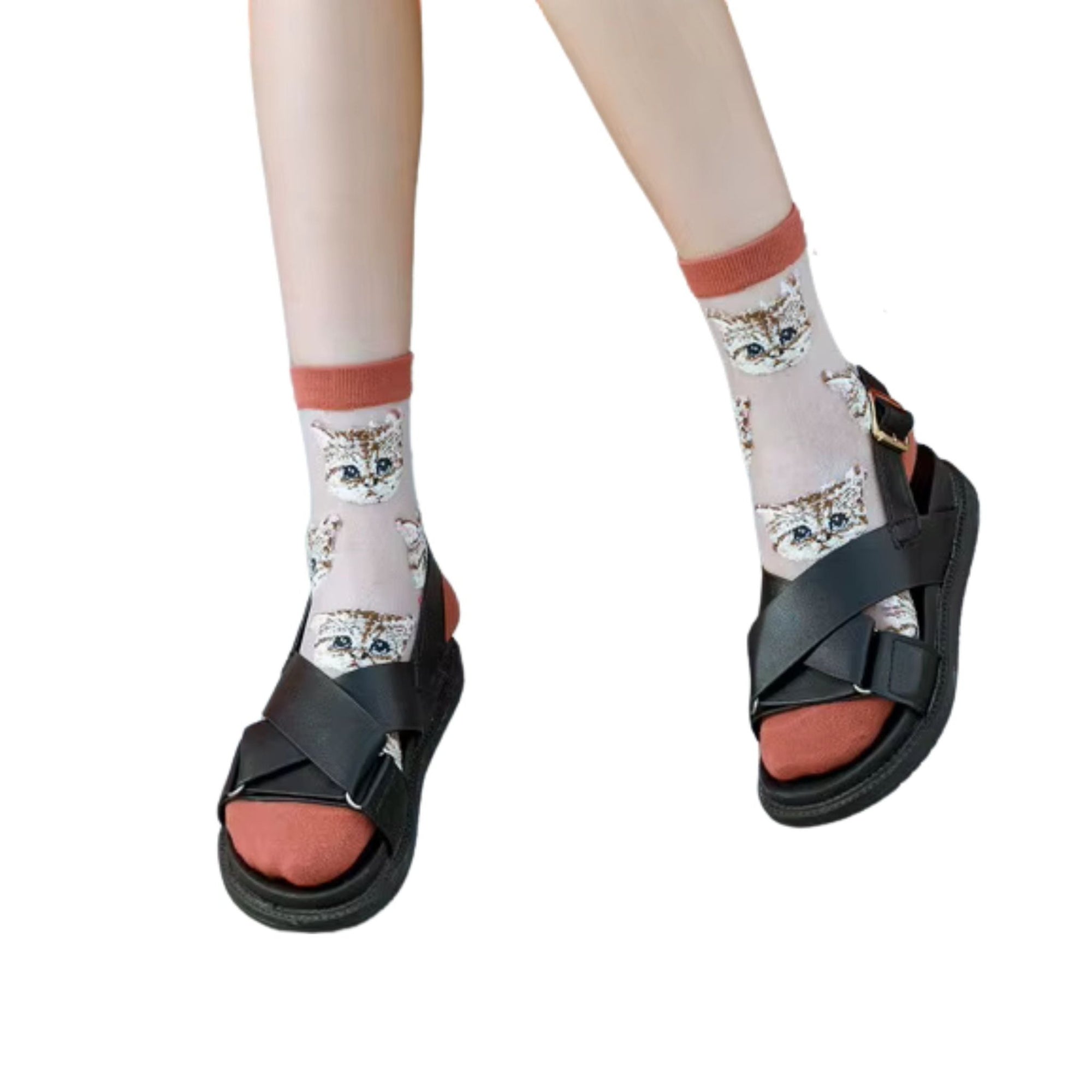 Sheer Cat Lover Socks Available in Yellow Green Red or Black [Fits Women's Size 5 - 9]
