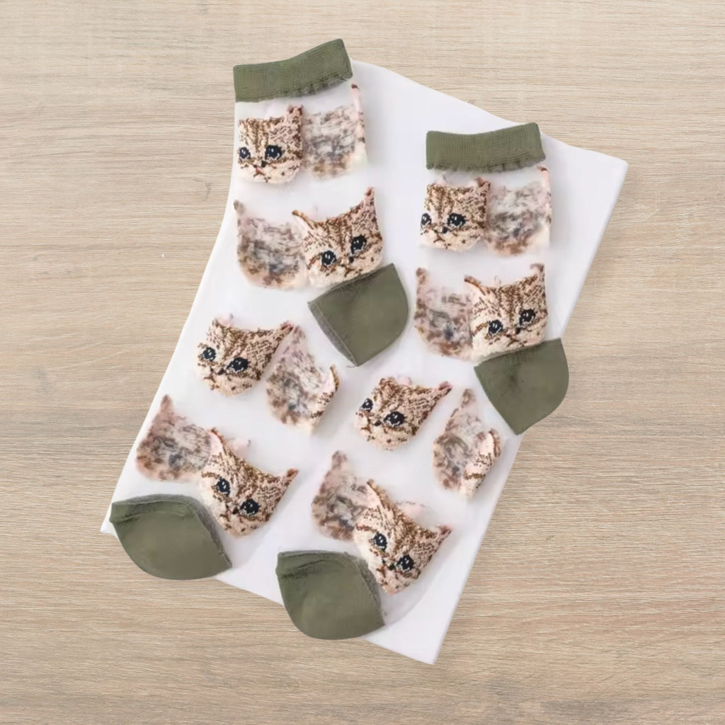 Sheer Cat Lover Socks Available in Yellow Green Red or Black [Fits Women's Size 5 - 9]
