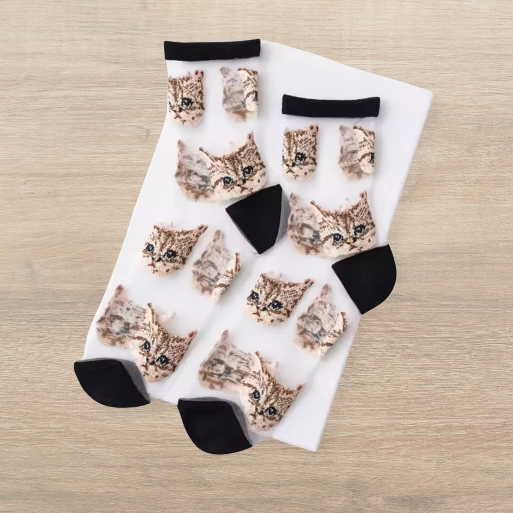 Sheer Cat Lover Socks Available in Yellow Green Red or Black [Fits Women's Size 5 - 9]