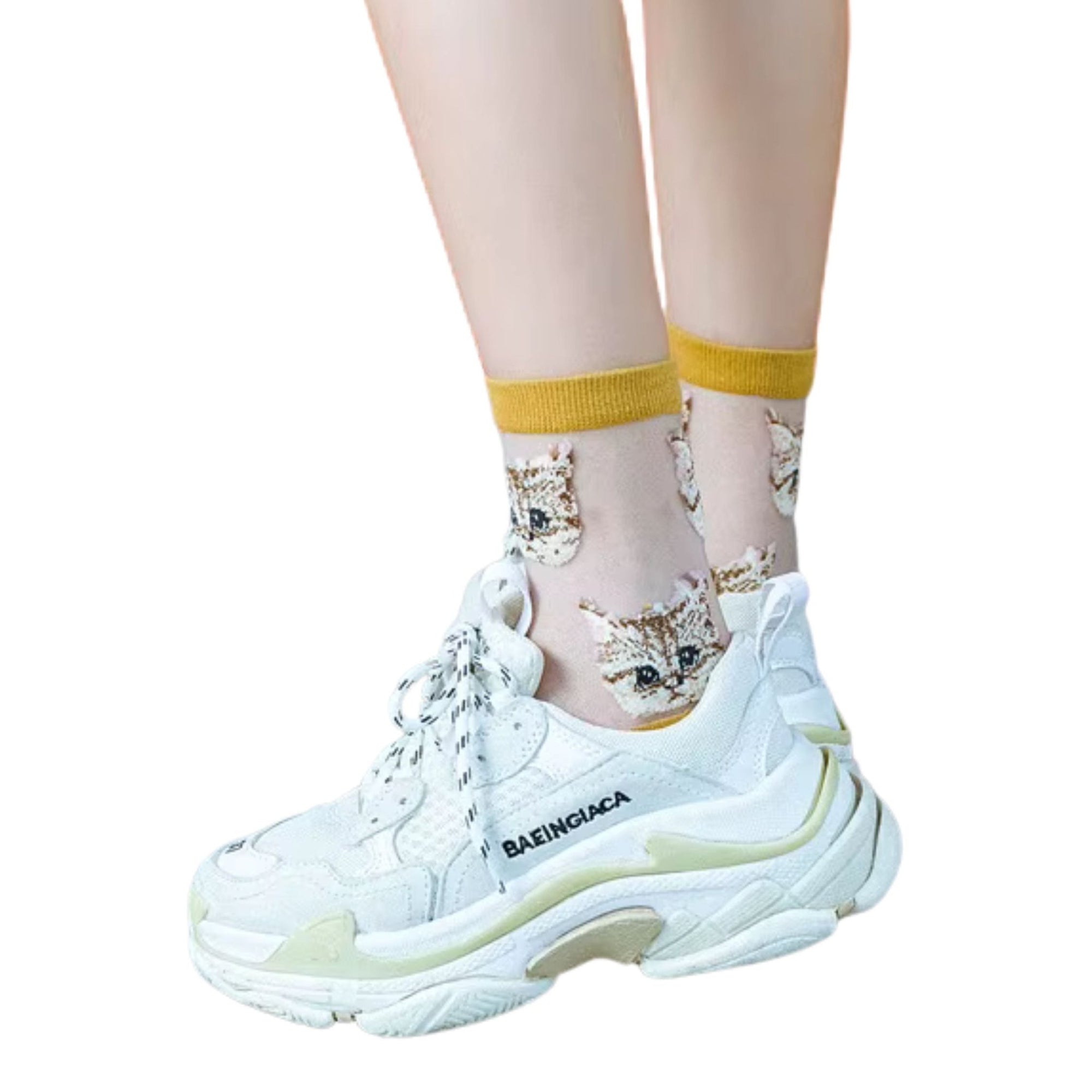 Sheer Cat Lover Socks Available in Yellow Green Red or Black [Fits Women's Size 5 - 9]