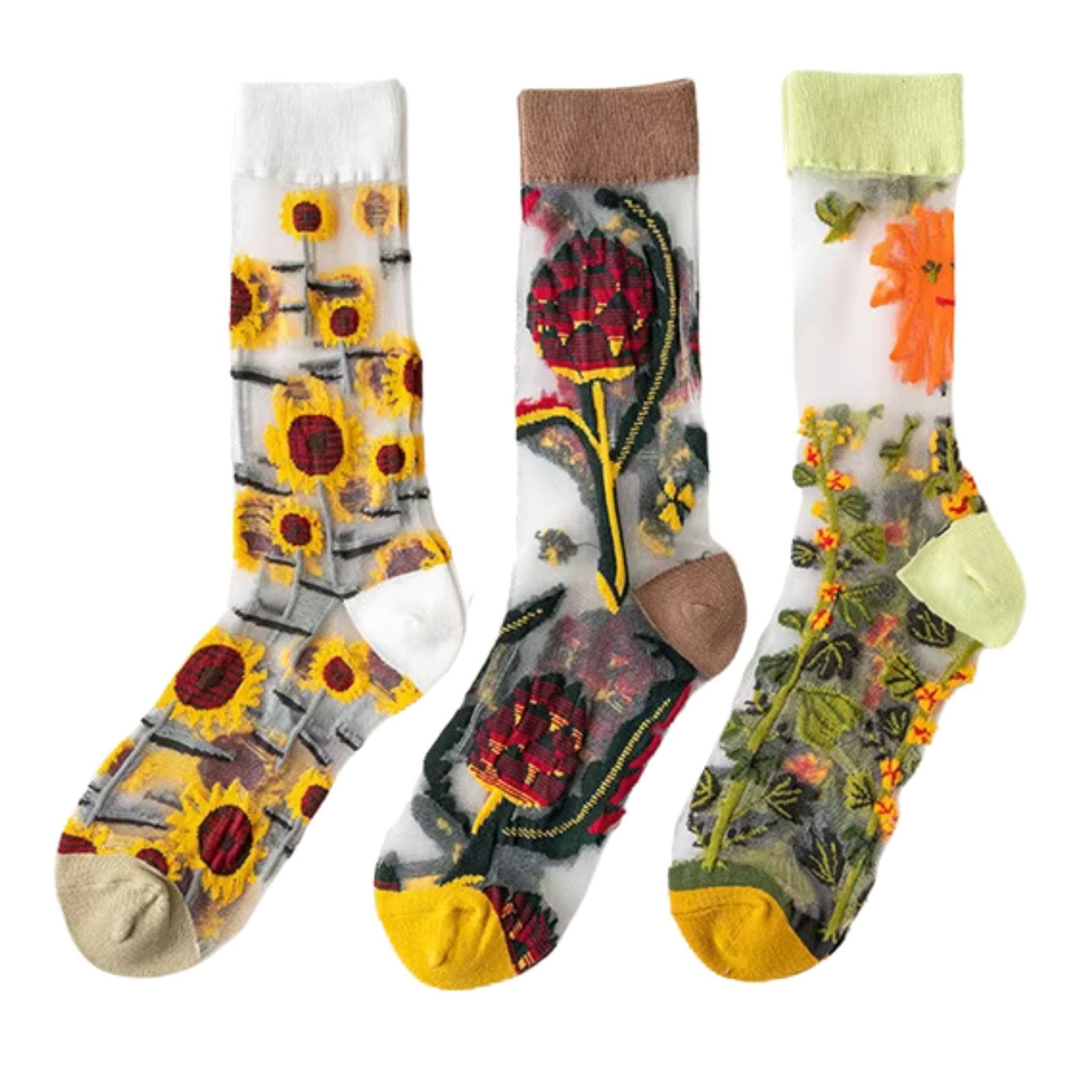 Three pairs of sheer mesh socks featuring different floral patterns - one with sunflowers on a white background, one with red roses and green stems, and one with orange and yellow wildflowers on a light green background, photographed against a white backdrop