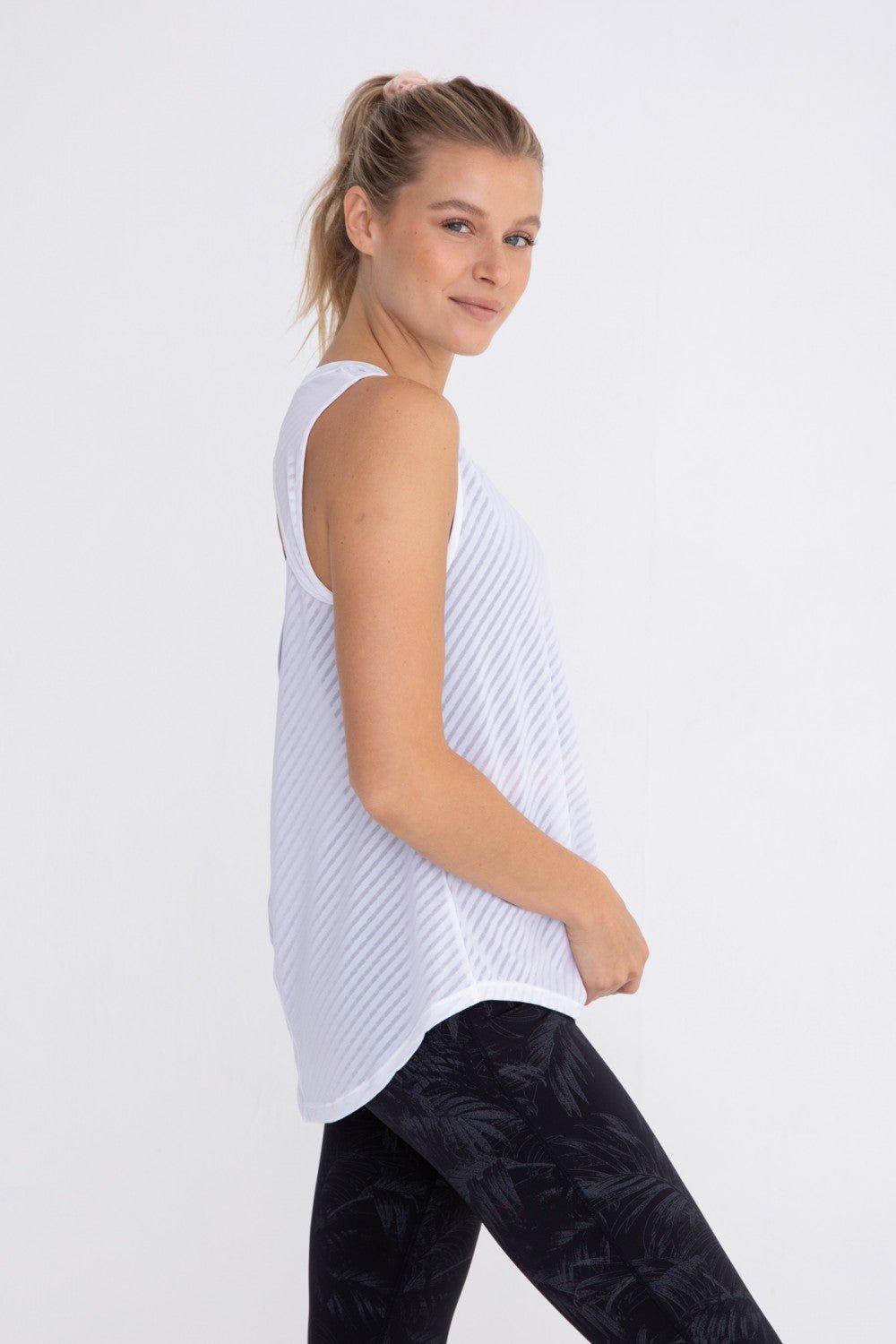 Sheer Striped Mesh Active Tank with Cut - Out Back Tank Top La Vie Bien Sheer Striped Mesh Active Tank with Cut - Out Back