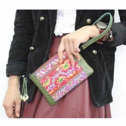 Shelly Vintage Textile Embroidered Unique Leather Wristlet - Thailand Bags La Vie Bien Shelly Vintage Textile Embroidered Unique Leather Wristlet - Thailand
