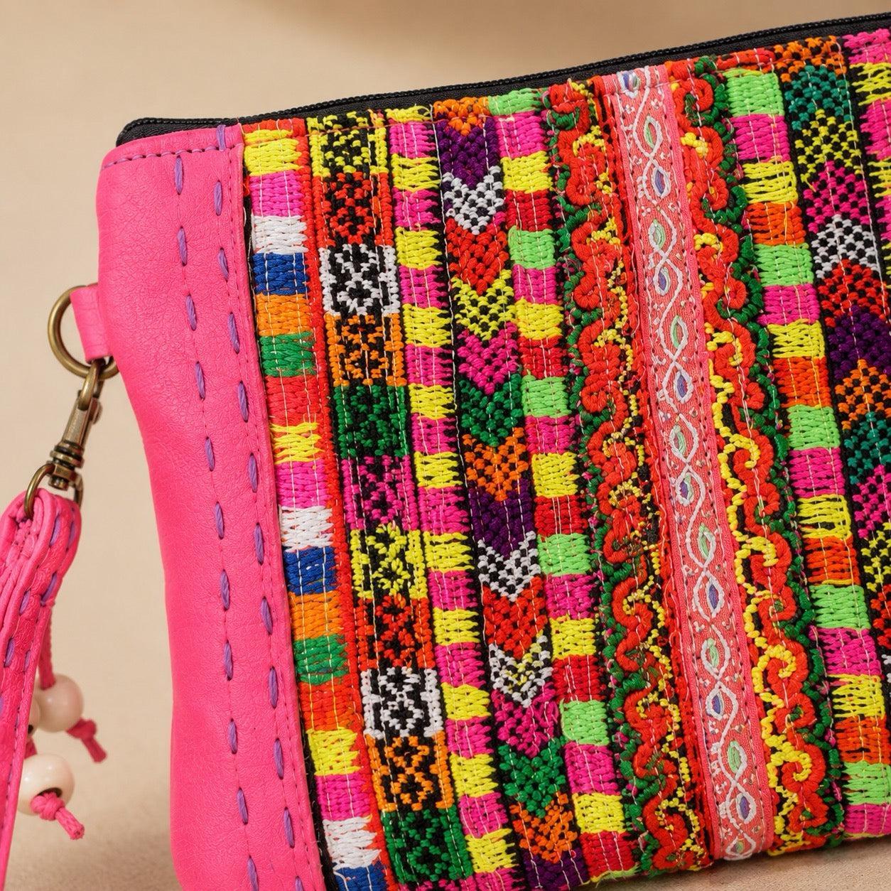 Shelly Vintage Textile Embroidered Unique Leather Wristlet - Thailand Bags La Vie Bien Shelly Vintage Textile Embroidered Unique Leather Wristlet - Thailand