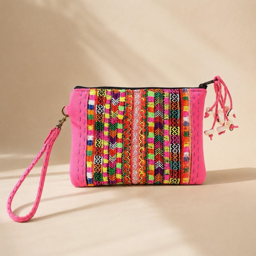 Shelly Vintage Textile Embroidered Unique Leather Wristlet - Thailand Bags La Vie Bien Shelly Vintage Textile Embroidered Unique Leather Wristlet - Thailand