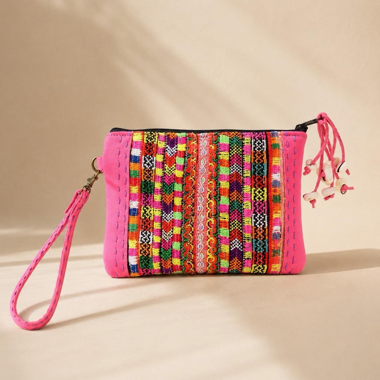 Shelly Vintage Textile Embroidered Unique Leather Wristlet - Thailand Bags La Vie Bien Shelly Vintage Textile Embroidered Unique Leather Wristlet - Thailand
