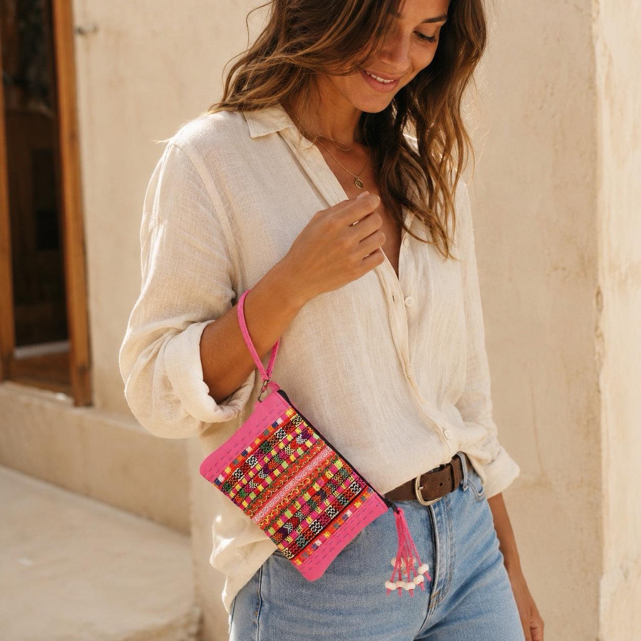 Shelly Vintage Textile Embroidered Unique Leather Wristlet - Thailand Bags La Vie Bien Shelly Vintage Textile Embroidered Unique Leather Wristlet - Thailand