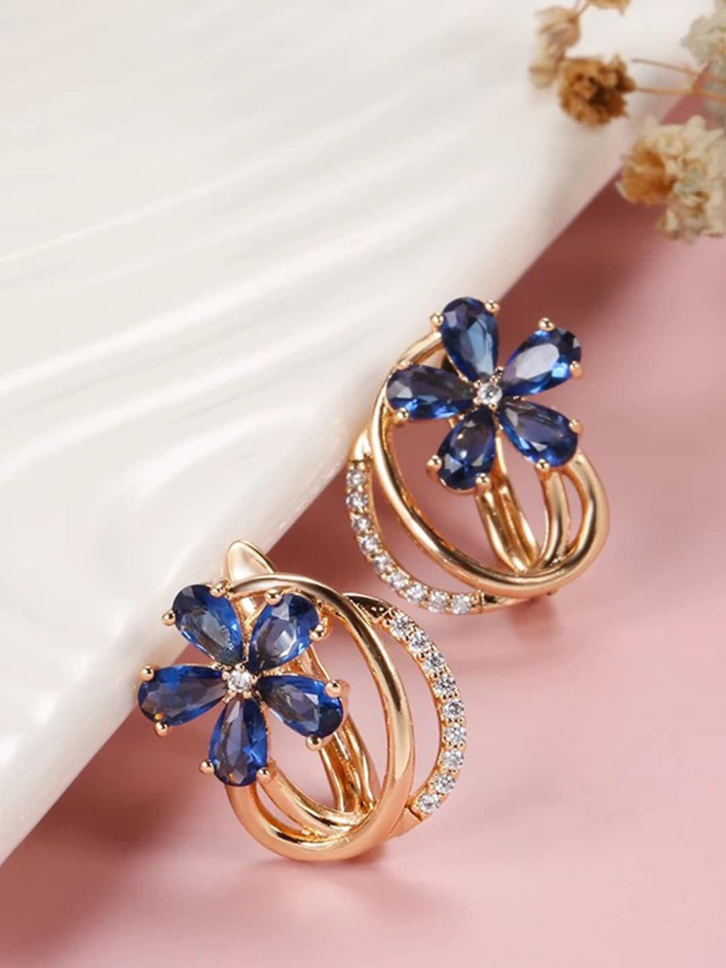 Shining Diva Rose Gold-Polished Blue Floral Studs Earrings Shining Diva La Vie Bien Shining Diva Rose Gold-Polished Blue Floral Studs Earrings
