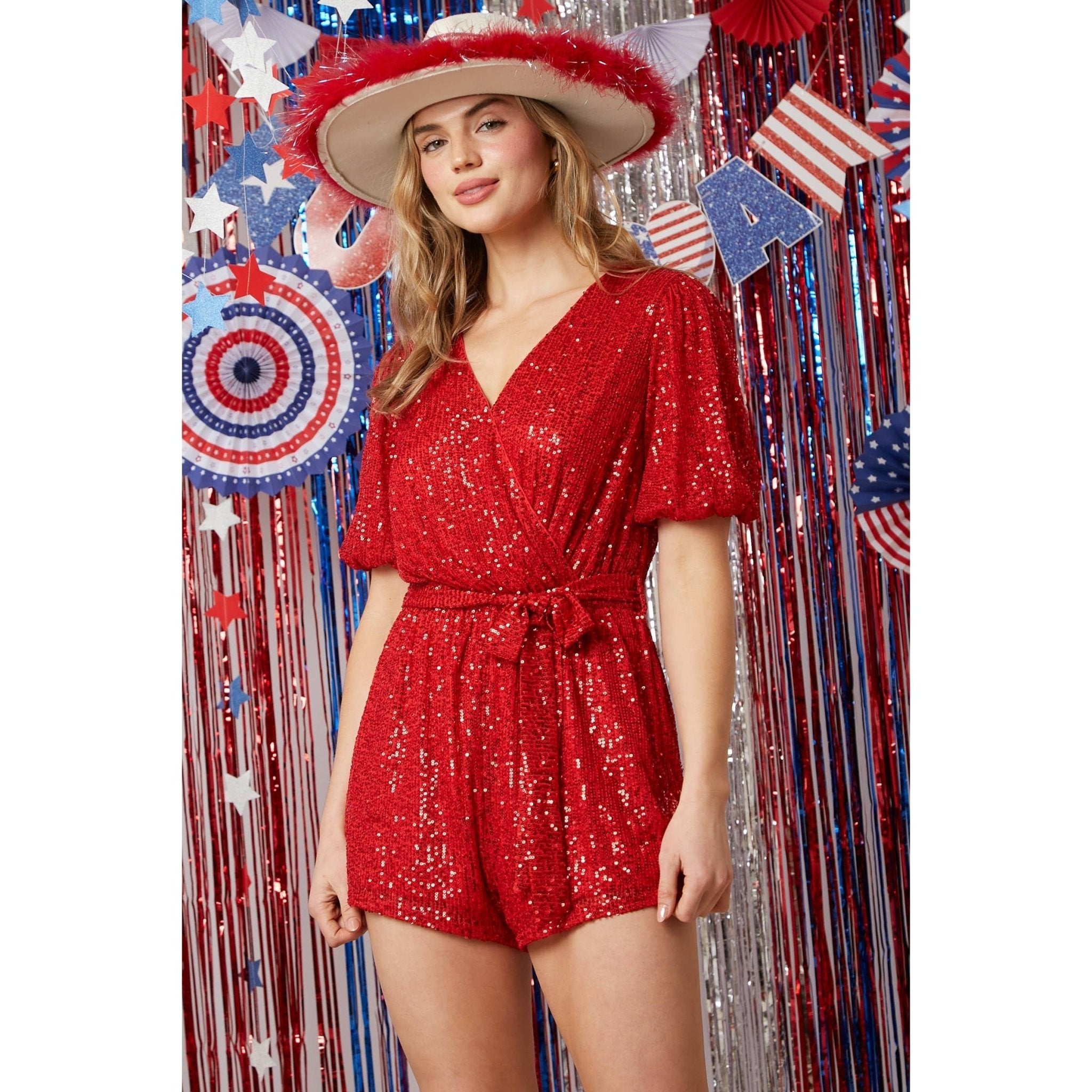 Short Puff Sleeve Sequin Romper in Red [Sizes SM - L]