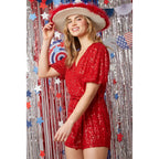 Short Puff Sleeve Sequin Romper in Red [Sizes SM-L] by The Bullish Store
