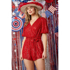 Short Puff Sleeve Sequin Romper in Red [Sizes SM-L] by The Bullish Store