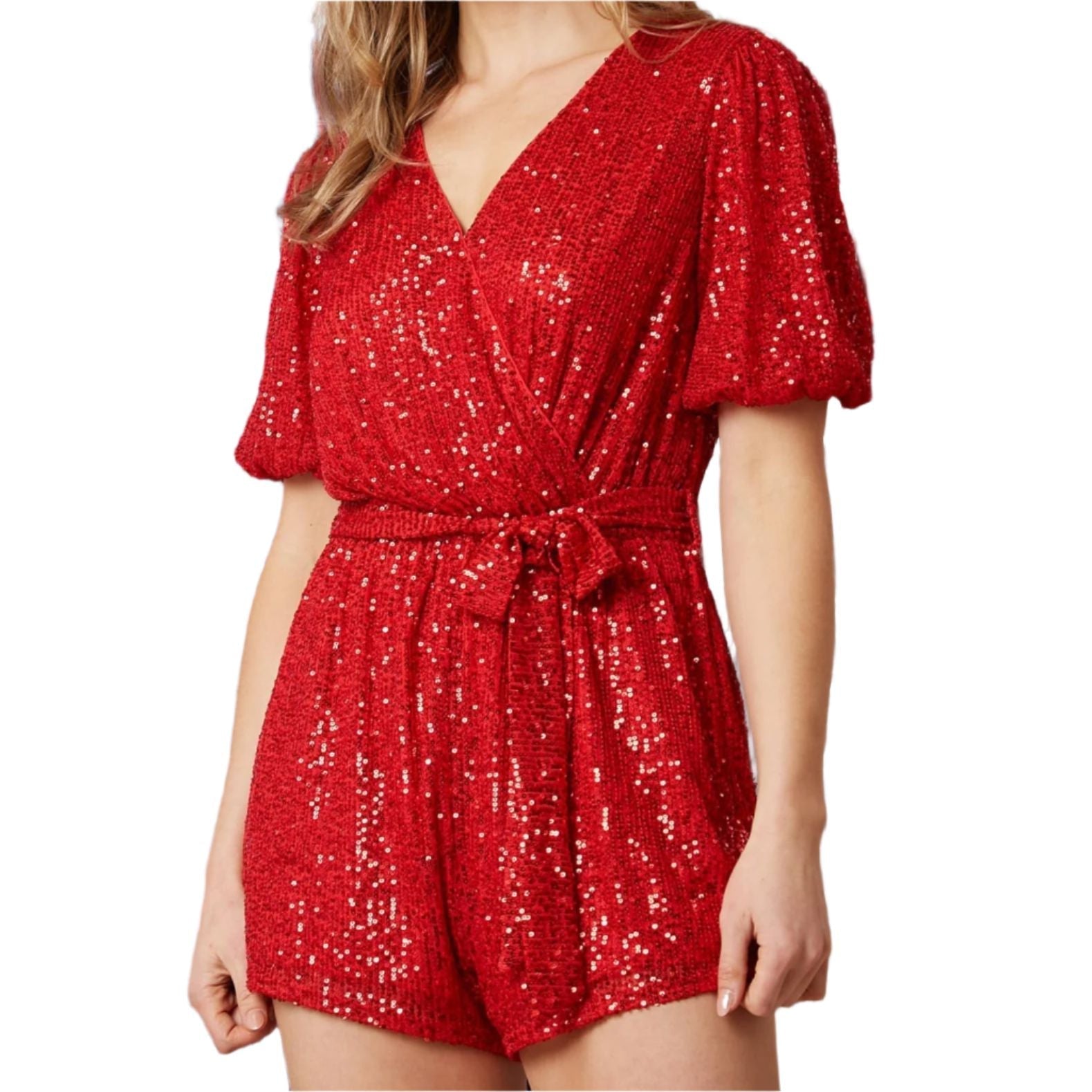 Short Puff Sleeve Sequin Romper in Red [Sizes SM - L]