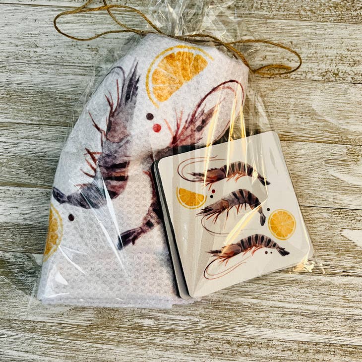Shrimp Towel and Coasters Kitchen Accessories La Vie Bien Shrimp Towel and Coasters