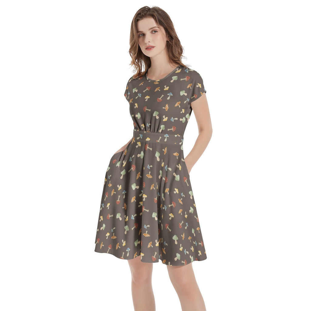 Shrooms Short Sleeve Casual A - Line Midi Dress