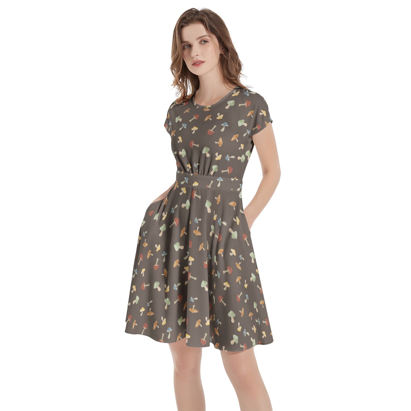 Shrooms Short Sleeve Casual A - Line Midi Dress
