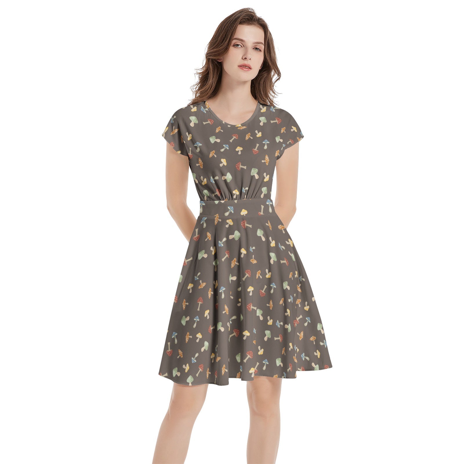 Shrooms Short Sleeve Casual A - Line Midi Dress