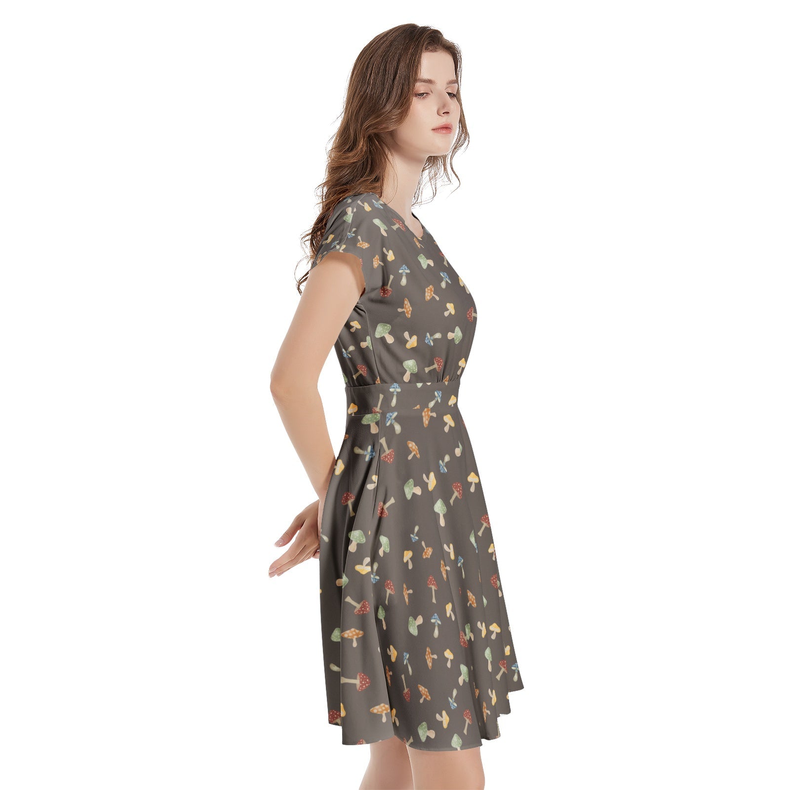 Shrooms Short Sleeve Casual A - Line Midi Dress