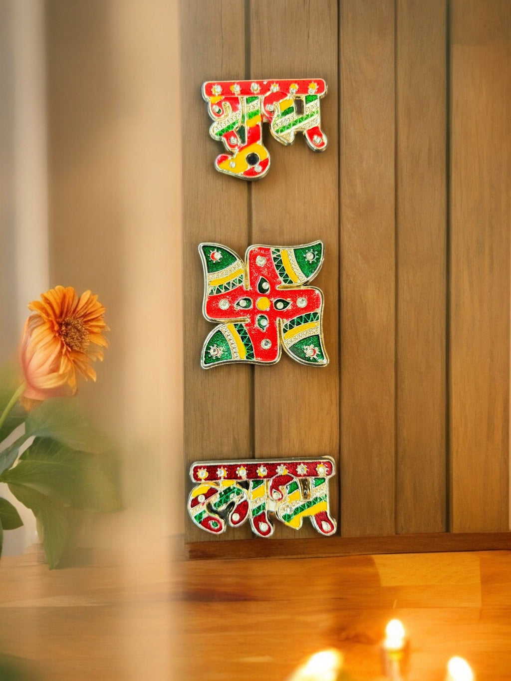 Shubh Labh, Swastik Sticker with Stone Work Mandir items La Vie Bien Shubh Labh, Swastik Sticker with Stone Work